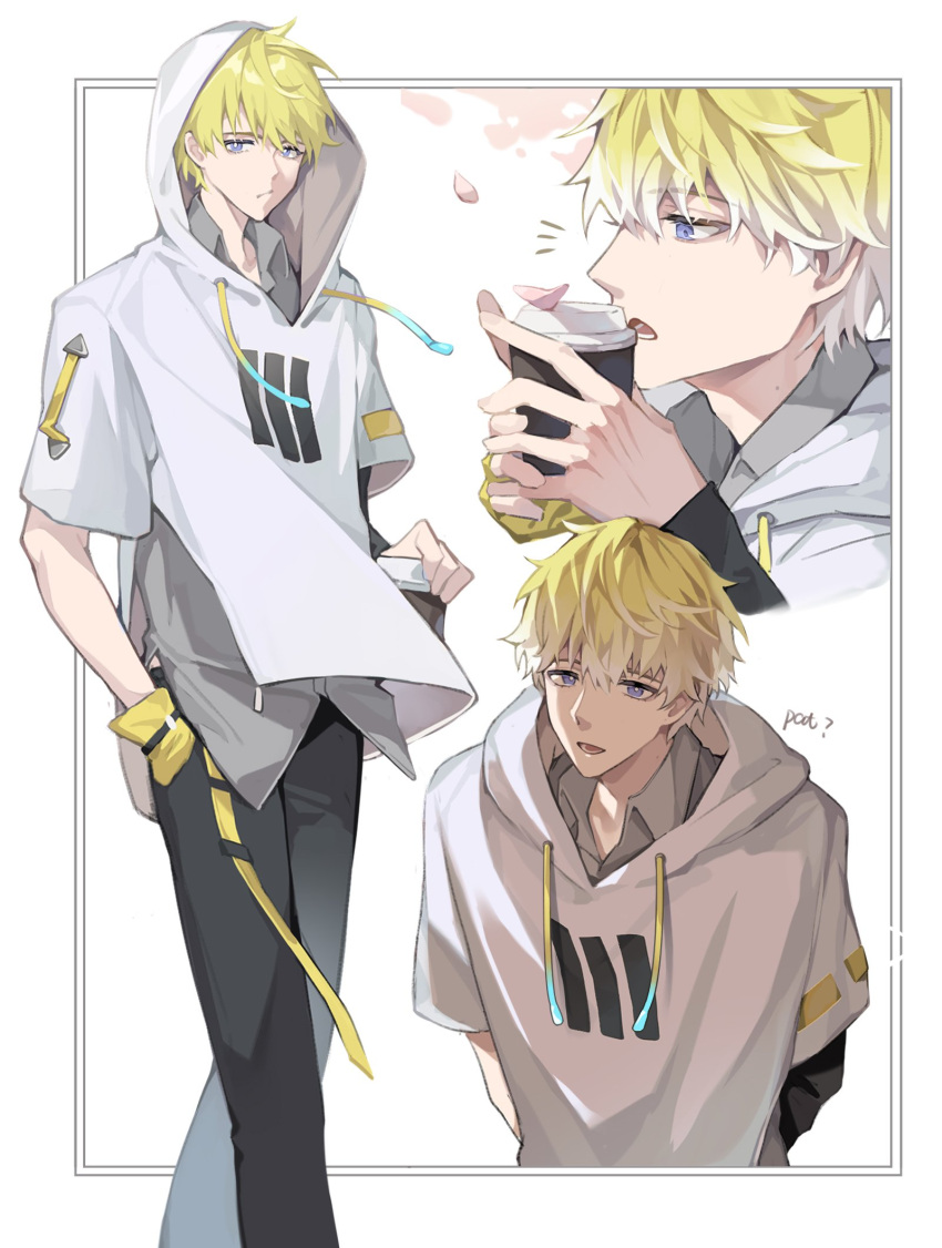 1boy black_pants blonde_hair blue_eyes clothing_request collared_shirt commentary crossed_bangs cup drawstring fingerless_gloves gloves grey_shirt hair_between_eyes highres holding holding_cup hood hoodie liag8112 looking_at_viewer male_focus multiple_views nijisanji nijisanji_en notice_lines open_mouth pants profile shirt short_hair short_sleeves single_fingerless_glove single_glove sonny_brisko standing virtual_youtuber white_background white_hoodie yellow_gloves