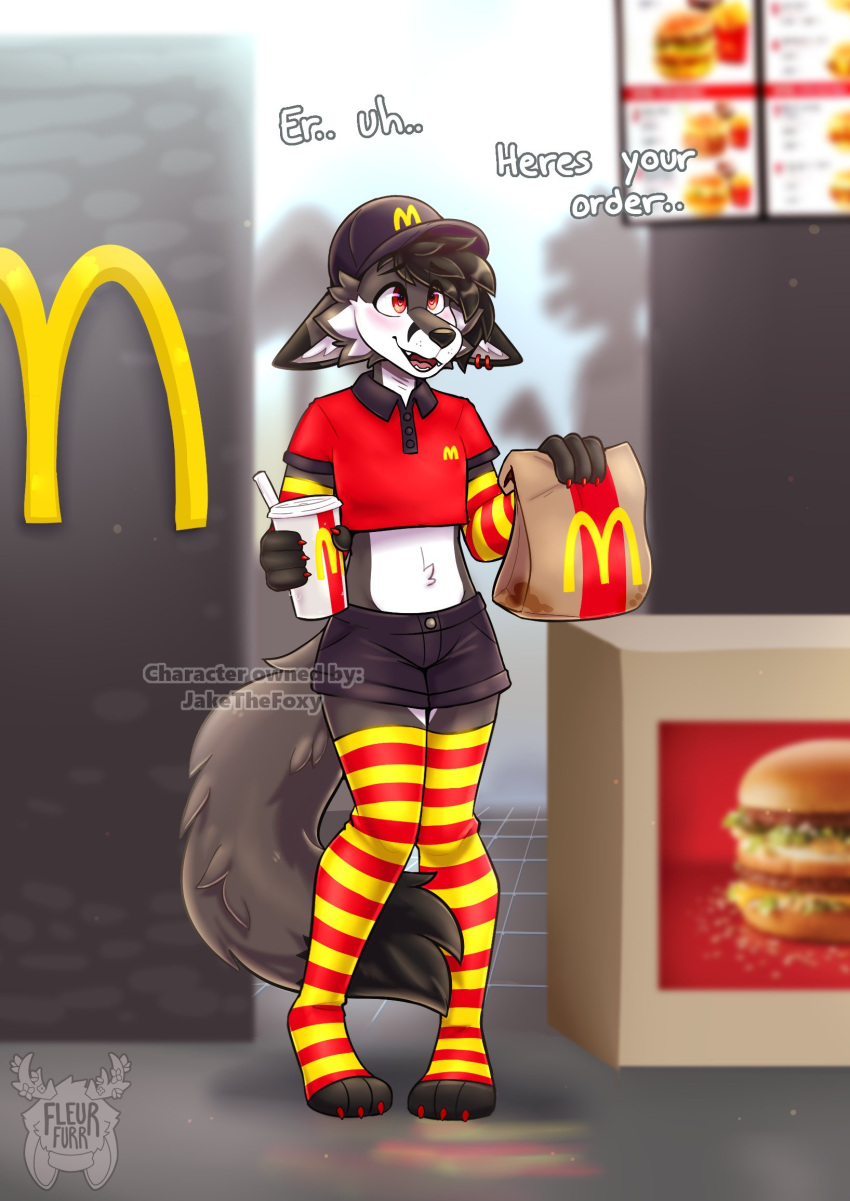 anthro beverage black_hair blush bottomwear burger canid canine canis claws clothed clothing crop_top digital_media_(artwork) domestic_dog ear_piercing english_text femboy fleurfurr food footwear fully_clothed hair hat headgear headwear hi_res hindpaw inside knock-kneed legwear long_socks male mammal mcdonald's multicolored_clothing multicolored_footwear multicolored_legwear multicolored_socks multicolored_thigh_highs multicolored_thigh_socks pattern_clothing pattern_footwear pattern_legwear pattern_socks pattern_thigh_highs pattern_thigh_socks paws piercing red_clothing red_footwear red_legwear red_socks red_thigh_highs red_thigh_socks shaded shirt shorts socks soda soda_cup solo striped_clothing striped_footwear striped_legwear striped_socks striped_thigh_highs striped_thigh_socks stripes text text_on_clothing text_on_hat text_on_headwear text_on_shirt text_on_topwear thigh_highs thigh_socks toe_claws toeless_footwear toeless_socks topwear two_tone_clothing two_tone_footwear two_tone_legwear two_tone_socks two_tone_thigh_highs two_tone_thigh_socks yellow_clothing yellow_footwear yellow_legwear yellow_socks yellow_thigh_highs yellow_thigh_socks