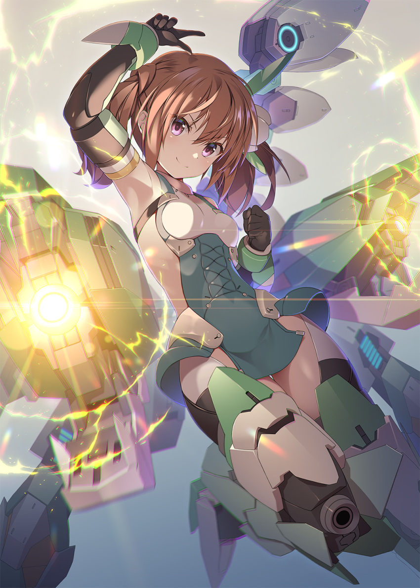 alice_gear_aegis breasts brown_hair closed_mouth commentary_request female floating floating_object highres kimikage_yui mecha_musume mechanical_legs medium_hair purple_eyes sideless_outfit small_breasts smile solo thigh_gap twintails zb_(dawn-blue)