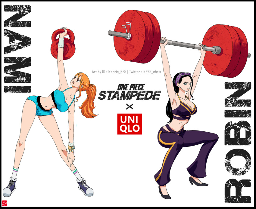 2girls alternate_costume bangle barbell black_hair bracelet breasts character_name chris_re5 cleavage commentary copyright_name crop_top dolphin_shorts english_commentary exercising eyewear_on_head green_eyes hairband halterneck high_heels highres jewelry kettlebell large_breasts log_pose midriff multiple_girls nami_(one_piece) navel nico_robin one_piece one_piece:_stampede orange_eyes orange_hair pants ponytail purple_hairband serious shoes short_shorts shorts signature sneakers squatting sunglasses track_pants twitter_username uniqlo weightlifting wristband