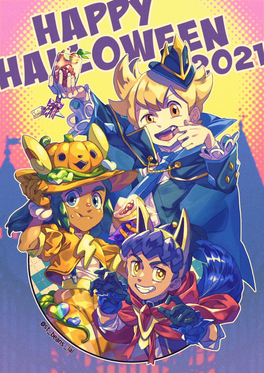 2021 3boys barry_(pokemon) capelet closed_mouth commentary_request cup dark-skinned_male dark_skin food food_on_face gloves grin happy_halloween hat hau_(pokemon) highres holding holding_cup hop_(pokemon) komame_(st_beans) male_focus mouth_pull multiple_boys open_mouth orange_headwear pokemon pokemon_dppt pokemon_ears pokemon_sm pokemon_swsh red_capelet shiny smile tail teeth tongue twitter_username upper_teeth_only