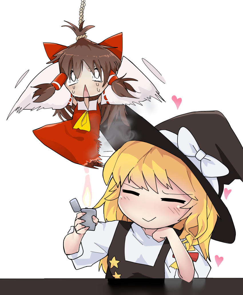 2girls absurdres ascot black_headwear black_vest blonde_hair blush bow braid brown_hair burning closed_eyes closed_mouth commentary_request cookie_(touhou) dress full_body hair_between_eyes hair_tubes hairbow hakurei_reimu hat hat_bow head_rest heart highres kirisame_marisa lighter mini_person minigirl motion_blur multiple_girls open_mouth red_bow red_dress sadism sakenomi_(cookie) scared shirt side_braid simple_background single_braid sleeveless sleeveless_dress sleeves_past_fingers sleeves_past_wrists smile smoke star_(symbol) suzu_(cookie) toaru_yuuzaa touhou transparent_background upper_body vest white_bow white_shirt witch_hat yellow_ascot