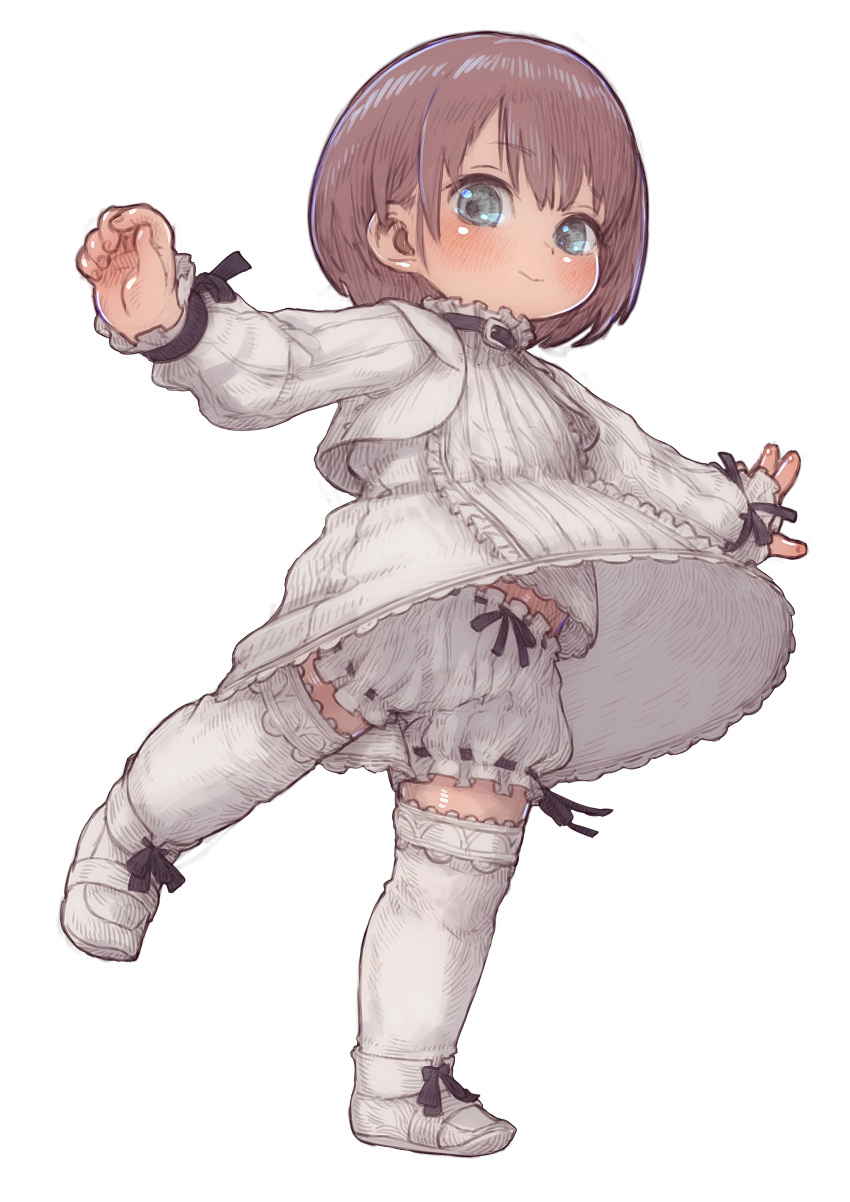 absurdres bloomers blue_eyes brown_hair closed_mouth commentary_request dress female feral_lemma full_body highres lolicon long_sleeves looking_at_viewer original outstretched_arms shoes short_hair simple_background smile solo standing standing_on_one_leg underwear white_background white_dress white_footwear