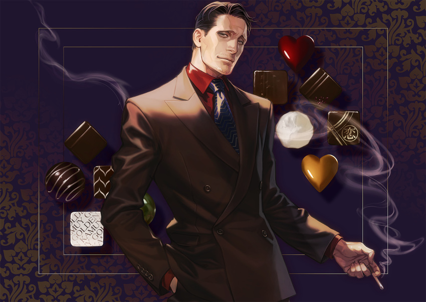 1boy black_eyes black_hair black_suit buttoned_cuffs buttons candy chocolate cigarette collared_jacket cowboy_shot facial_hair food formal golden_kamuy heart heart-shaped_chocolate highres holding holding_cigarette jacket kikuta_mokutaro long_sleeves male_focus necktie red_shirt shirt short_hair sideburns solo stubble suit valentine w55674570w