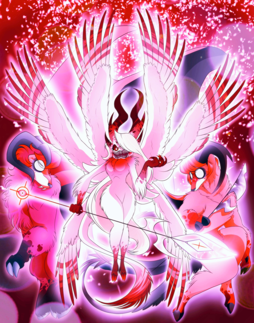 absurd_res anthro bovid caprine charlie_morningstar dazzle_(hazbin_hotel) demon female fur goat group hazbin_hotel hi_res hooves horn humanoid male mammal phoenixofamerica razzle_(hazbin_hotel) simple_background white_body white_fur wings