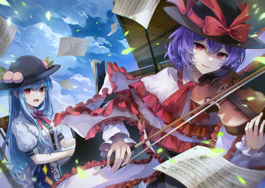 2girls absurdres bass_clef beamed_eighth_notes black_headwear blue_hair bow bow_(music) breasts capelet chair chromatic_aberration cloud cloudy_sky commentary flat_sign food frilled_capelet frills fruit grand_piano hagoromo hair_between_eyes half_note half_rest hat hat_bow hat_ribbon heart highres hinanawi_tenshi holding holding_instrument holding_violin instrument kyusoukyu leaf long_hair long_sleeves looking_at_viewer multiple_girls music musical_note nagae_iku neck_ribbon open_mouth parted_lips peach piano playing_instrument playing_piano puffy_short_sleeves puffy_sleeves purple_hair quarter_note quarter_rest red_bow red_eyes red_ribbon ribbon shawl sheet_music shirt short_hair short_sleeves sidelocks sitting sky small_breasts smile staff_(music) touhou treble_clef upper_body violin white_shirt whole_rest