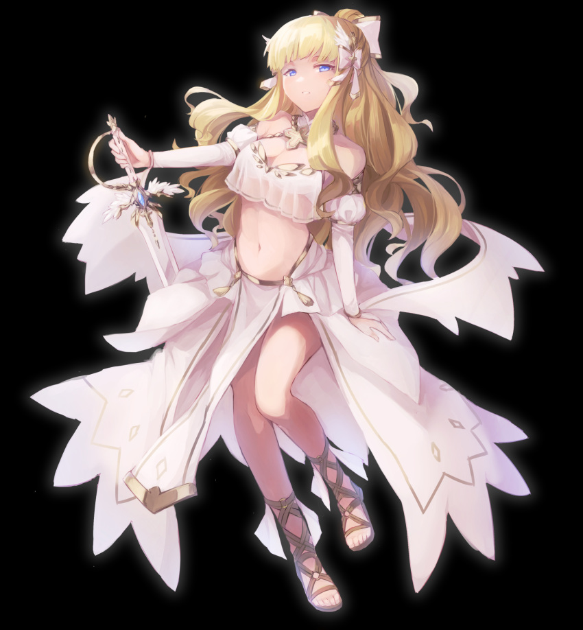 bare_shoulders black_background blonde_hair blue_eyes blunt_bangs blush bow breasts bridal_gauntlets cleavage crop_top crop_top_overhang elf female full_body hair_ornament hair_up hairbow half-closed_eyes highres holding holding_sword holding_weapon large_breasts long_hair looking_at_viewer navel navi_(ivan) open_mouth parted_lips pointy_ears princess_connect! saren_(princess_connect!) solo sword tassel weapon white_bow winged_sword