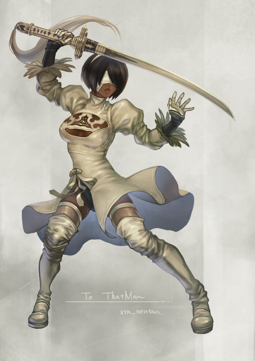 2p_(nier:automata) absurdres alternate_color black_hair black_leotard blindfold boots breasts cleavage_cutout clothing_cutout commission covered_eyes dark-skinned_female dark_skin dress feather-trimmed_sleeves female fighting_stance final_fantasy final_fantasy_xiv full_body gloves guilty_gear headband highres holding holding_sword holding_weapon juliet_sleeves leotard leotard_peek leotard_under_clothes lips long_sleeves lower_teeth_only medium_breasts mole mole_under_mouth nier:automata nier_(series) nose open_mouth parody player_2 puffy_sleeves short_hair side_slit solo soulcalibur soulcalibur_vi stn_sentan sword tassel teeth thigh_boots thighhighs thighhighs_under_boots virtuous_contract weapon white_blindfold white_dress white_footwear white_gloves white_headband white_thighhighs