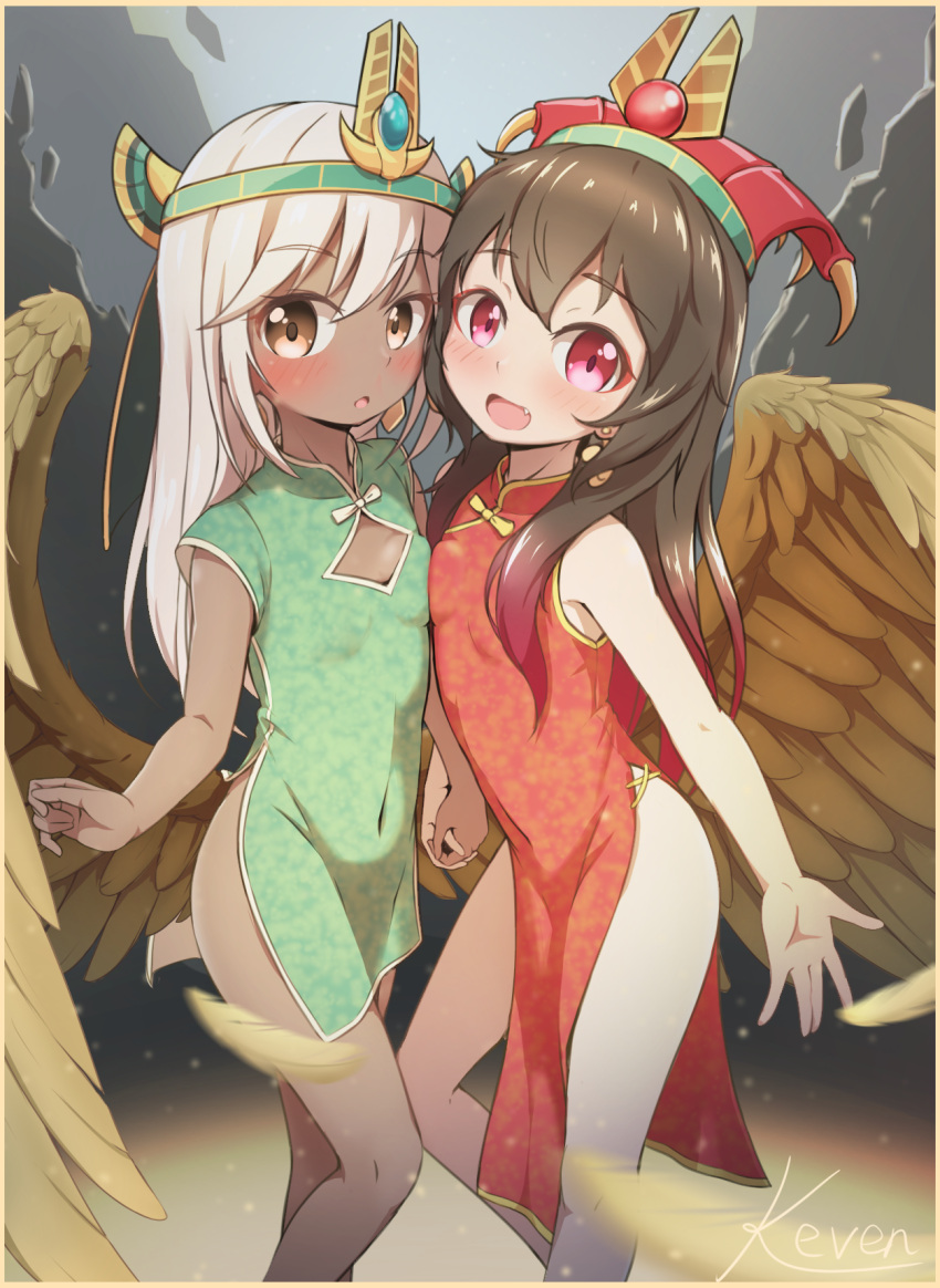 2girls aged_down artist_name bare_shoulders blush border breast_press breasts brown_eyes brown_hair character_request china_dress chinese_clothes chinese_commentary cleavage_cutout clothing_cutout commentary_request covered_navel dark-skinned_female dark_skin dress feathered_wings feathers gradient_hair happy headpiece highres holding_hands keven_(ewdx3754) long_hair looking_at_viewer mesopotamia_(tower_of_saviors) multicolored_hair multiple_girls oerba_yun_fang open_mouth outstretched_arm red_eyes red_hair short_dress short_sleeves side_slit sidelocks signature sleeveless sleeveless_dress small_breasts smile standing symmetrical_docking symmetry tower_of_saviors two-tone_hair white_hair wings yellow_border yellow_wings