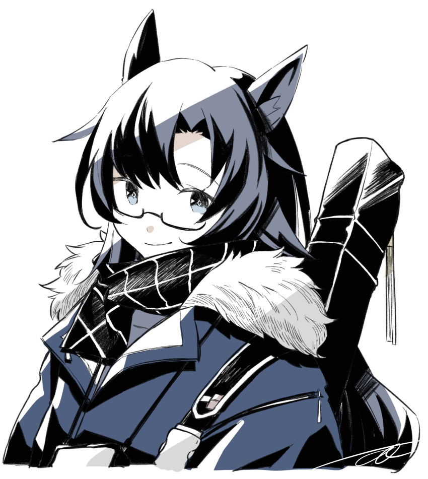 animal_ears arknights black-framed_eyewear black_hair black_scarf blue_eyes blue_jacket closed_mouth commentary cropped_torso diamond-shaped_pupils diamond_(shape) fang_(arknights) fang_(cruciata)_(arknights) female fur-trimmed_jacket fur_trim glasses highres horse_ears horse_girl jacket limited_palette long_hair looking_at_viewer official_alternate_costume scarf semi-rimless_eyewear simple_background smile solo symbol-shaped_pupils tareko under-rim_eyewear upper_body white_background