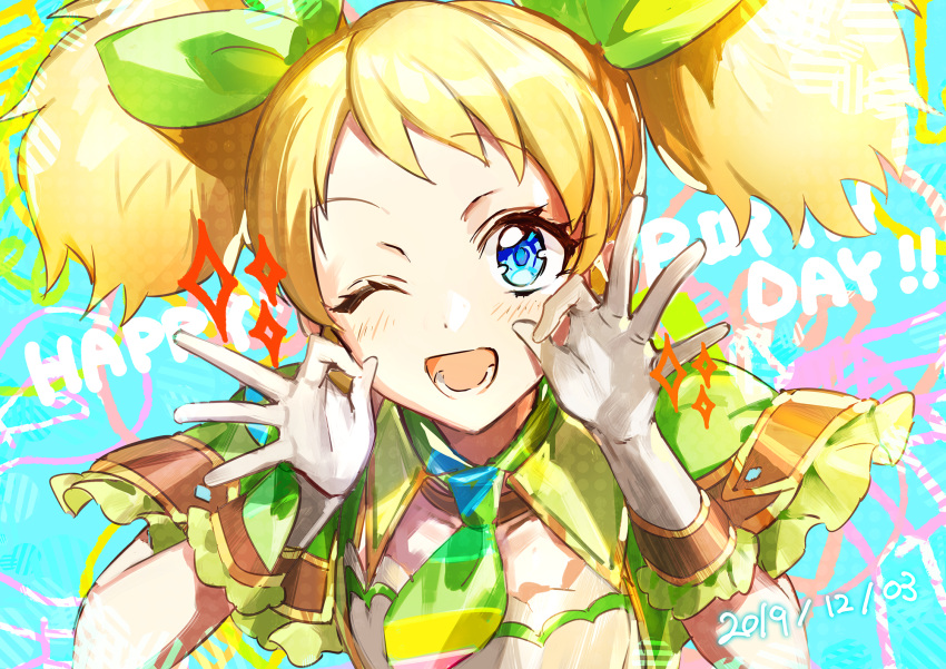 ;d aikatsu! aikatsu!_(series) birthday blonde_hair blue_eyes blush collarbone dated double_ok_sign female frilled_gloves frilled_shirt frills gloves green_necktie happy_birthday highres long_hair looking_at_viewer necktie ok_sign one_eye_closed open_mouth saegusa_kii shirt smile solo twintails upper_body wata_(attaka_towel) white_gloves