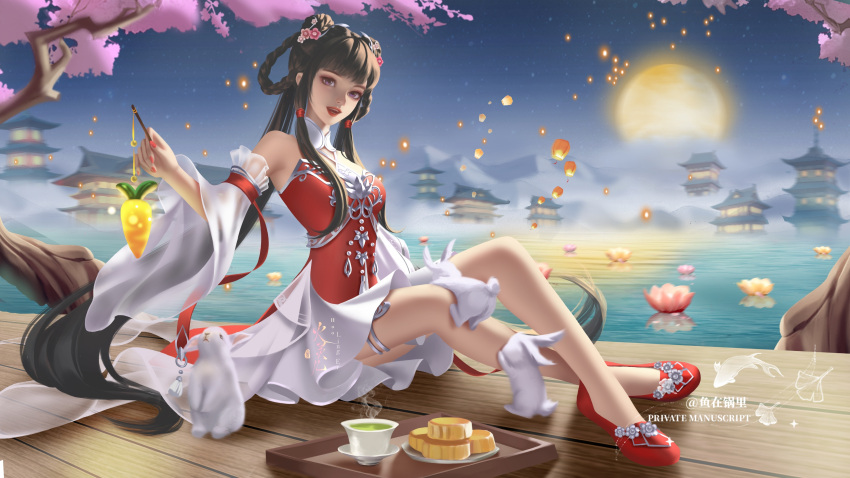 absurdres artist_request bare_legs bare_shoulders braided_hair_rings carrot_on_stick cloud detached_sleeves double_bun dress female flower hair_bun hair_flower hair_ornament highres holding holding_stick huo_linger_(wanmei_shijie) lantern long_hair lotus moon mountain night open_mouth rabbit red_dress second-party_source sitting solo stick twintails wanmei_shijie water