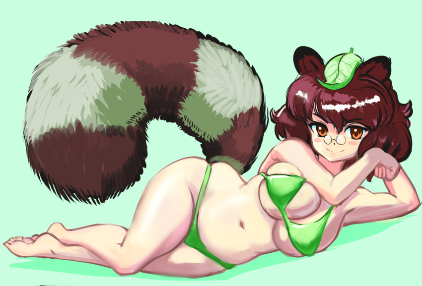 animal_ears bikini breasts brown_eyes brown_hair cleavage closed_mouth curvy female full_body futatsuiwa_mamizou glasses green_background green_bikini leaf leaf_on_head looking_at_viewer lying navel on_side profitshame raccoon_ears raccoon_tail short_hair simple_background smile soles solo swimsuit tail toes touhou