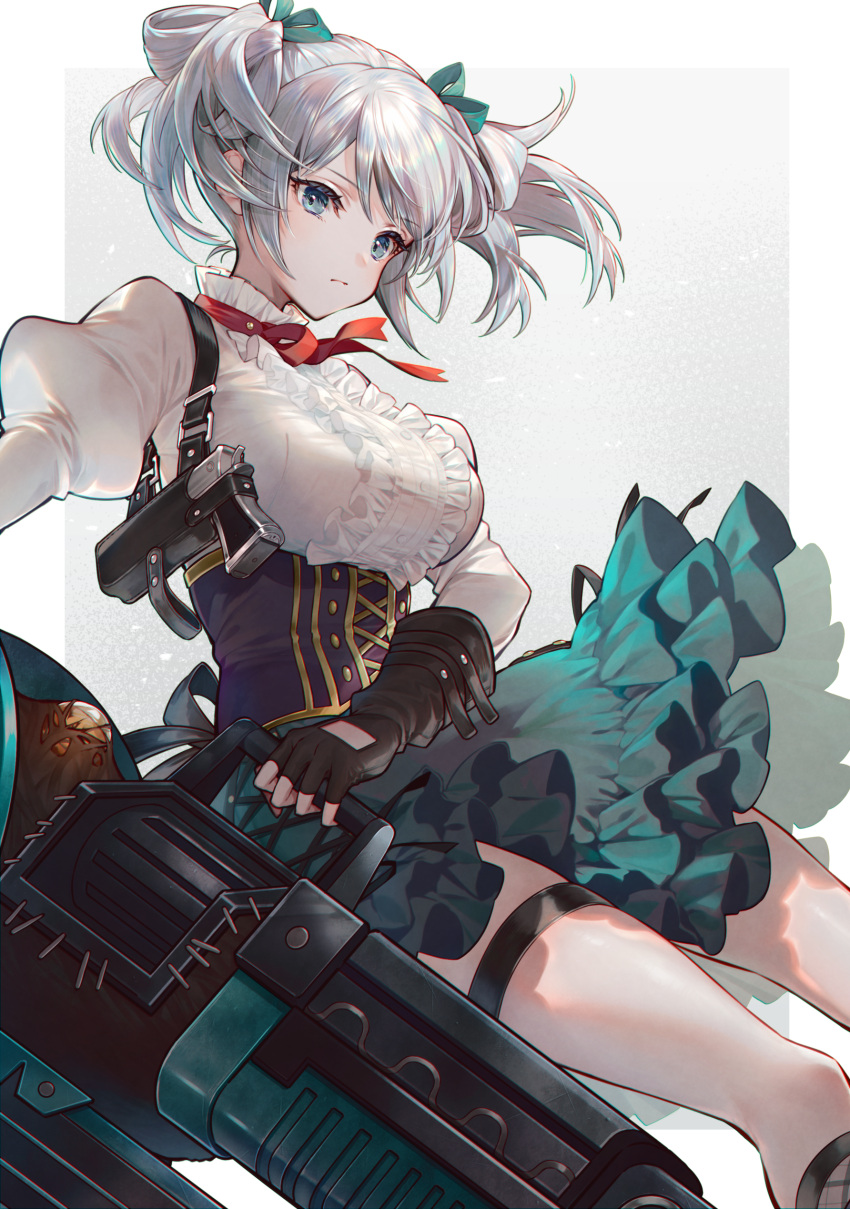 absurdres bad_id bad_pixiv_id black_gloves blue_eyes border breasts center_frills ciel_alencon closed_mouth corset elbow_gloves feet_out_of_frame female fingerless_gloves frilled_shirt frilled_skirt frills gloves god_eater god_eater_2:_rage_burst green_ribbons green_skirt grey_background gun hair_ribbon handgun highres holding holding_weapon huge_weapon juliet_sleeves large_breasts long_sleeves looking_down neck_ribbon outside_border puffy_sleeves red_ribbon ribbon shirt short_hair short_twintails simple_background skirt solo tarutaru_yamaoka thigh_strap twintails weapon white_border