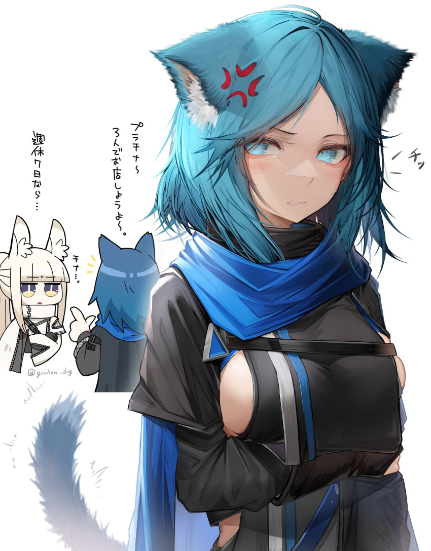 1boy 2girls absurdres anger_vein angry animal_ears arknights blue_eyes blue_hair breasts cat_ears cat_girl cat_tail collaboration dog-san highres horse_ears horse_girl monique_(arknights) multiple_girls platinum_(arknights) roy_(arknights) scarf sideboob tab_head tail translated white_background