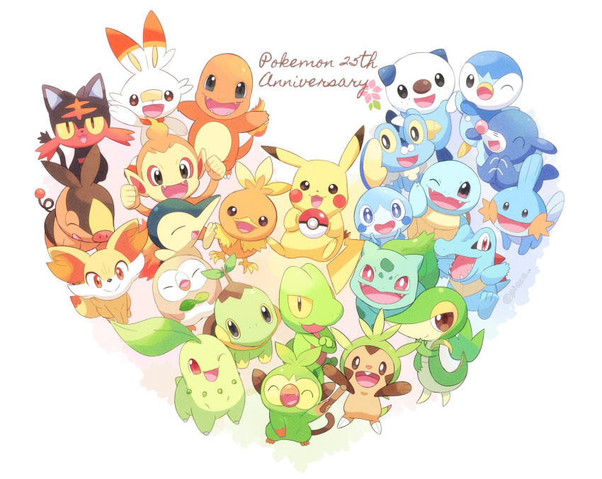 :> anniversary blue_eyes bright_pupils brown_eyes bulbasaur charmander chespin chikorita chimchar closed_eyes closed_mouth commentary_request copyright_name cyndaquil fangs fennekin fire flame froakie gen_1_pokemon gen_2_pokemon gen_3_pokemon gen_4_pokemon gen_5_pokemon gen_6_pokemon gen_7_pokemon gen_8_pokemon grookey highres holding holding_poke_ball litten looking_at_viewer mei_(maysroom) mudkip no_humans oerba_yun_fang one_eye_closed open_mouth oshawott pikachu piplup poke_ball poke_ball_(basic) pokemon pokemon_(creature) popplio rowlet scorbunny smile snivy sobble squirtle starter_pokemon tepig tongue torchic totodile treecko turtwig