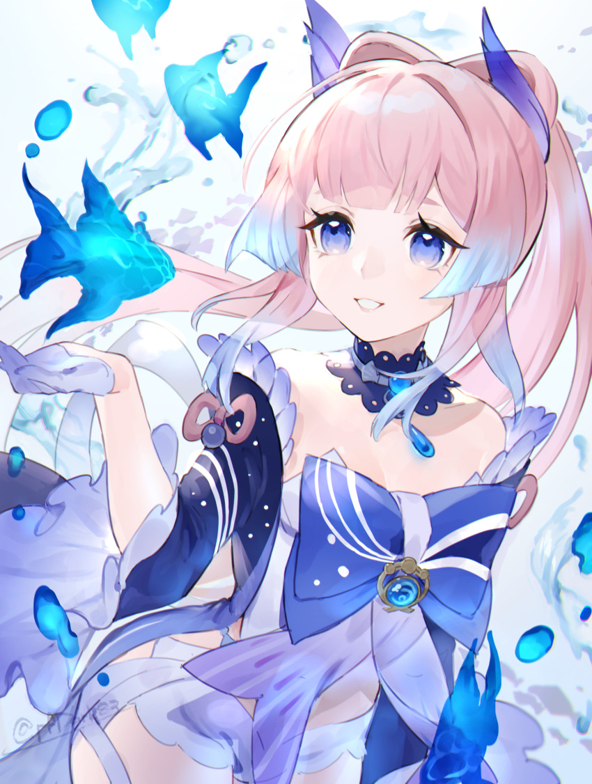 blue_eyes blunt_bangs bow-shaped_hair detached_collar female fish frilled_sleeves frills genshin_impact gloves highres outstretched_hand pink_hair sangonomiya_kokomi short_shorts shorts smile type-alpha vision_(genshin_impact) water water_drop white_gloves wide_sleeves