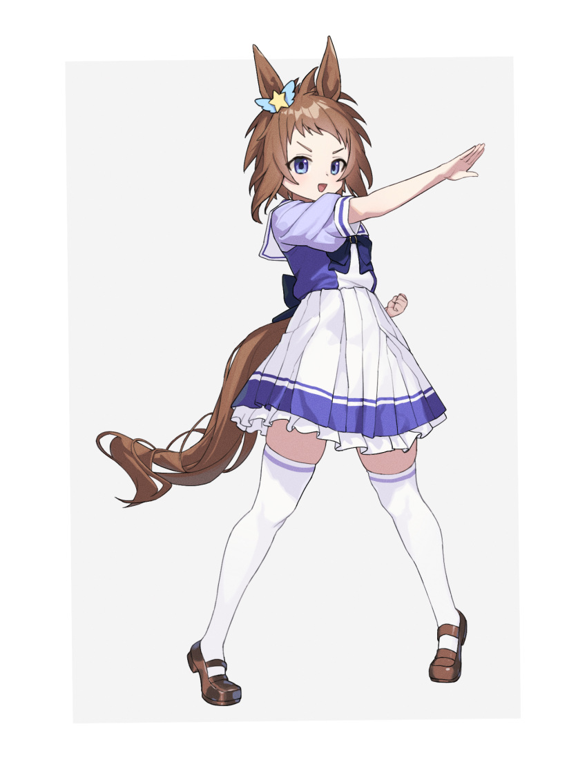 animal_ears biko_pegasus_(umamusume) blue_eyes brown_footwear brown_hair clenched_hand ear_ornament female full_body highres horse_ears horse_girl horse_tail mosou_keito parted_lips pose sailor_collar school_uniform serafuku short_hair short_sleeves simple_background skirt solo standing tail thighhighs tracen_school_uniform two-tone_background umamusume white_sailor_collar white_thighhighs