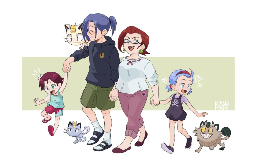 absurdres alolan_form alolan_meowth casual family galarian_form galarian_meowth gen_1_pokemon gen_7_pokemon gen_8_pokemon glasses highres holding_hands hood hoodie if_they_mated james_(pokemon) jessie_(pokemon) kiana_mai meowth older on_shoulder open_mouth pokemon pokemon_(anime) pokemon_(creature) pokemon_on_shoulder purple_hair red_hair sandals semi-rimless_eyewear sharp_teeth smile sweater team_rocket teeth whiskers