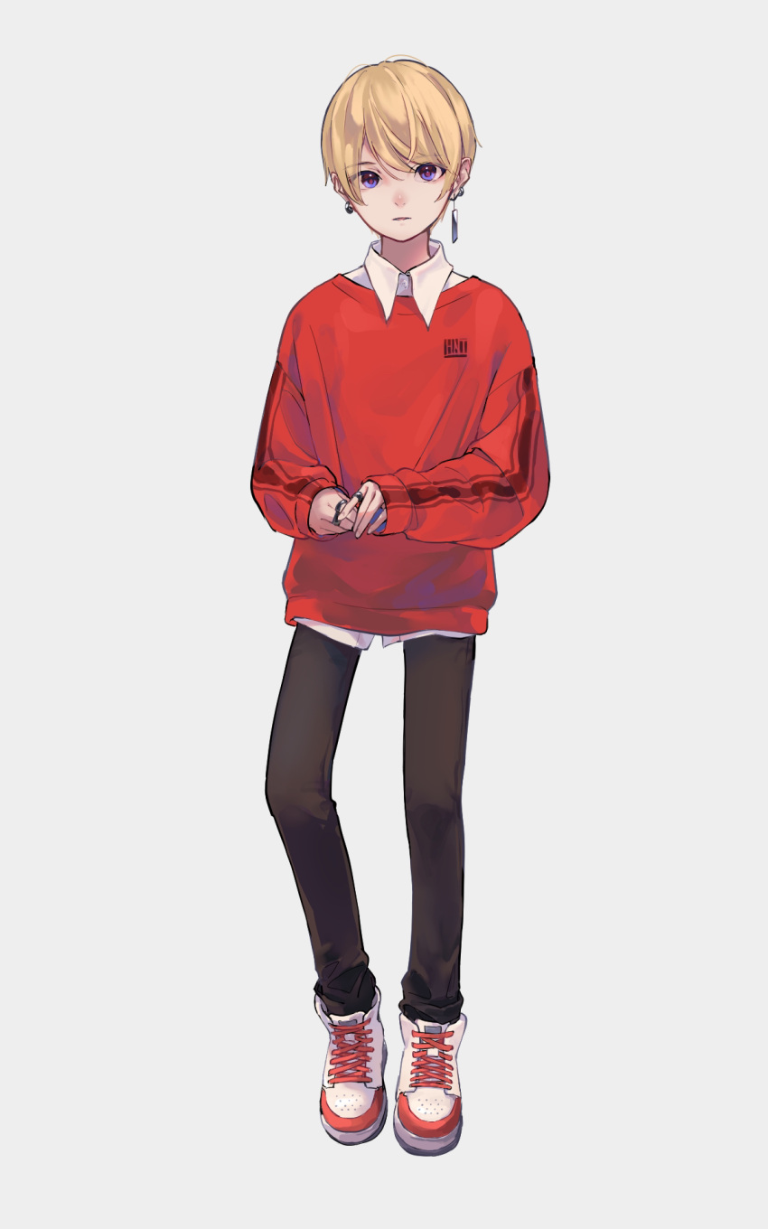 androgynous black_pants blonde_hair collared_shirt earrings full_body highres jewelry long_sleeves looking_at_viewer original pants parted_lips purple_eyes red_sweater ritao_kamo shirt shoes short_hair simple_background solo standing sweater white_background white_footwear white_shirt