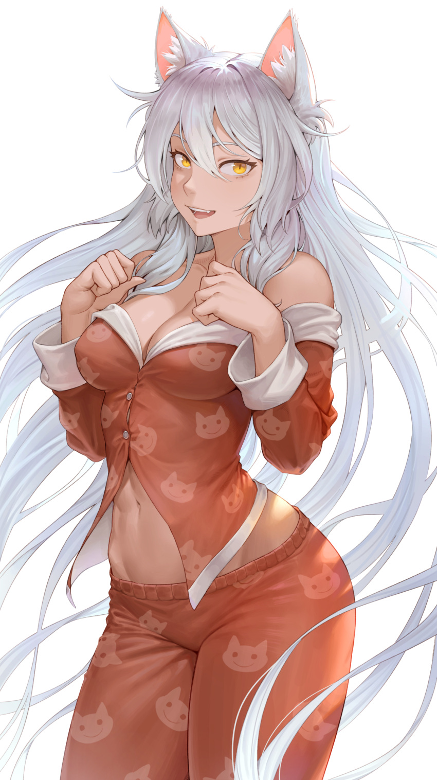 :d alternate_breast_size animal_ear_fluff animal_ears animal_print bakemonogatari bakeneko black_hanekawa breasts cat_ears cat_girl cat_print cheshirrr commission female hanekawa_tsubasa highres long_hair long_sleeves looking_at_viewer medium_breasts monogatari_(series) navel oerba_yun_fang orange_pajamas orange_pants orange_shirt pajamas pants print_pajamas shirt simple_background slit_pupils smile solo very_long_hair white_background white_hair yellow_eyes