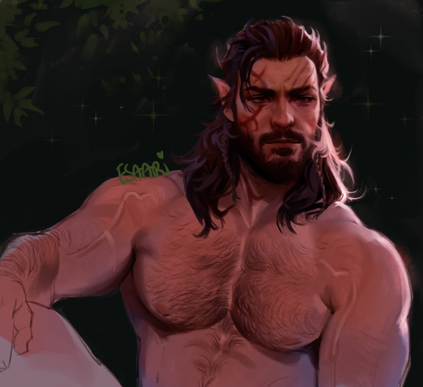 1boy alternate_facial_hair arm_hair baldur's_gate baldur's_gate_3 bara beard braid brown_hair chest_hair dungeons_&_dragons elf esaart facial_hair hairy halsin large_pectorals looking_ahead male_focus mature_male medium_hair moustache muscular muscular_male nipples nude out-of-frame_censoring pectorals pointy_ears solo tattoo thick_eyebrows thick_mustache upper_body