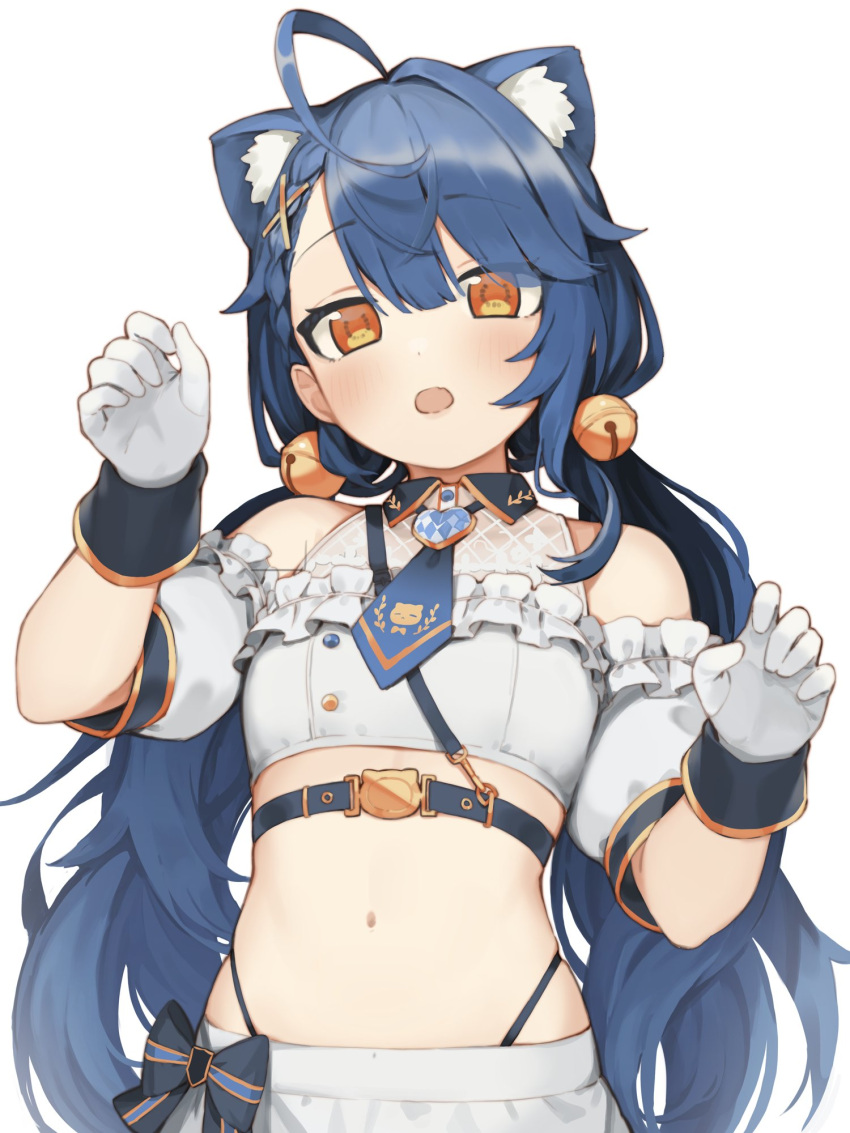 ahoge amamiya_kokoro amamiya_kokoro_(2nd_costume) animal_ear_fluff animal_ears bare_shoulders bell blue_hair blue_neckwear blush braid breasts brown_eyes cat_ears collared_shirt commentary_request crop_top detached_sleeves female gloves hair_bell hair_between_eyes hair_ornament hairclip hands_up head_tilt highres jingle_bell kemonomimi_mode long_hair low_twintails midriff navel nijisanji open_mouth puffy_short_sleeves puffy_sleeves seramikku shirt short_sleeves simple_background single_hair_intake sleeveless sleeveless_shirt small_breasts solo twintails very_long_hair virtual_youtuber white_background white_gloves white_shirt white_sleeves x_hair_ornament