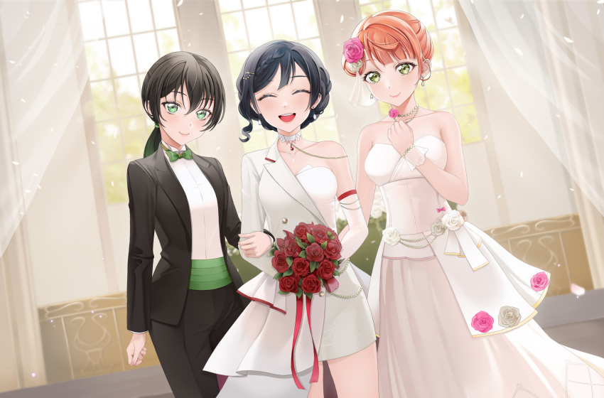 3girls absurdres akaisu alternate_hairstyle black_hair bouquet bow bowtie bracelet braid bride closed_eyes collar collarbone commentary commission curtains dress earrings english_commentary flower formal green_eyes groom hair_flower hair_ornament highres holding holding_bouquet indoors jewelry lapels lips locked_arms long_hair looking_at_viewer love_live! love_live!_nijigasaki_high_school_idol_club medium_hair multiple_girls open_mouth orange_hair pants peaked_lapels petals polygamy ponytail second-party_source shirt smile suit takasaki_yu teeth uehara_ayumu upper_teeth_only wedding wedding_dress wife_and_wife wife_and_wife_and_wife window yellow_eyes yuki_setsuna_(love_live!) yuri