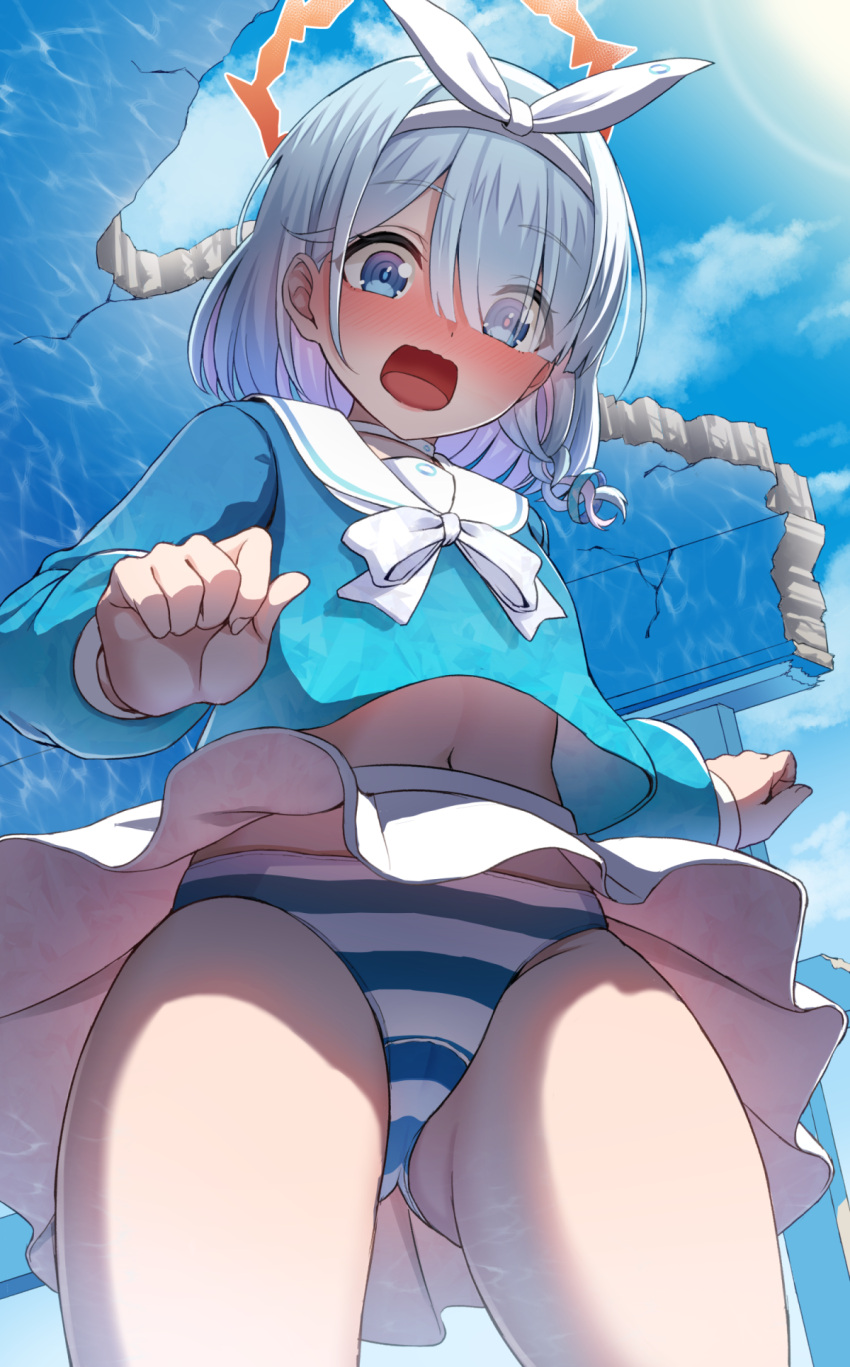 ako_suke arona_(blue_archive) ass_visible_through_thighs blue_archive blue_eyes blue_hair blue_pupils blue_sky blush braid choker cloud commentary_request day eyes_visible_through_hair female fingernails hair_over_one_eye hairband halo highres md5_mismatch mismatched_pupils navel open_mouth outdoors panties pantyshot pink_pupils red_halo resolution_mismatch sailor_collar school_uniform serafuku single_braid skirt sky solo source_larger striped_clothes striped_panties thighs underwear white_choker white_hairband white_sailor_collar white_skirt