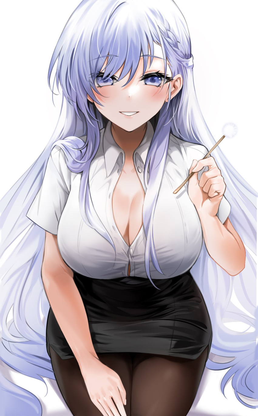 alternate_costume azur_lane belfast_(azur_lane) black_pantyhose black_skirt blush braid breasts cleavage collared_shirt commentary dress_shirt female highres holding large_breasts lips long_hair looking_at_viewer mimikaki miniskirt no_bra office_lady pantyhose parted_lips partially_unbuttoned pencil_skirt purple_eyes purple_hair shirt short_sleeves simple_background sitting skirt smile solo very_long_hair white_background yuki_(asayuki101)