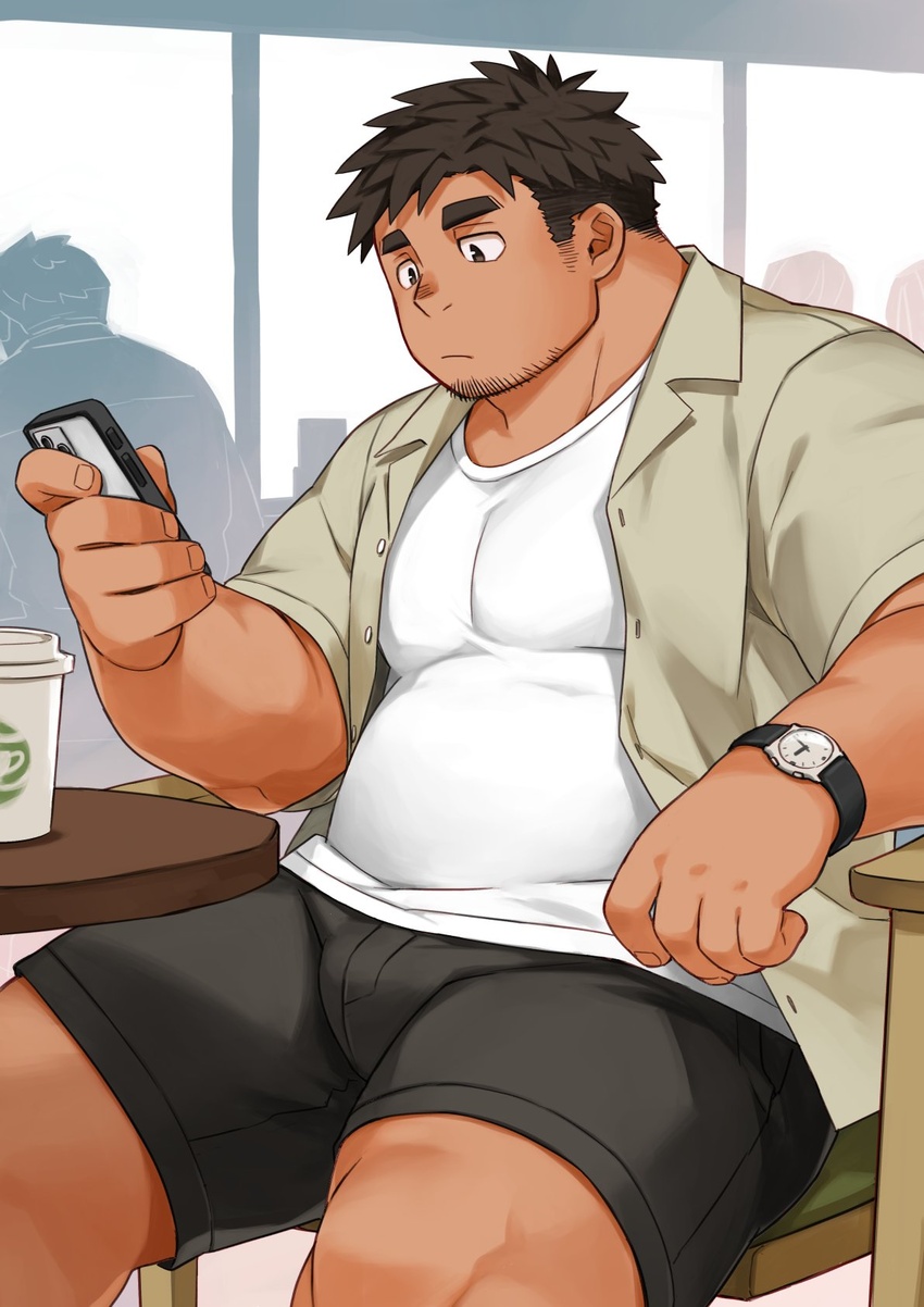 1boy bara belly black_shorts brown_hair cafe collared_shirt cup dark-skinned_male dark_skin disposable_cup expressionless facial_hair feet_out_of_frame from_side goatee goatee_stubble highres holding holding_phone kuro_nezumi_inu large_pectorals layered_shirt male_focus on_chair open_clothes open_shirt original paid_reward_available pectorals phone plump profile shirt short_shorts shorts sideburns sideburns_stubble sitting solo stubble thick_eyebrows thick_thighs thighs