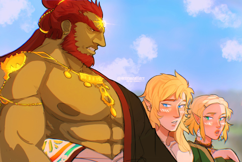 2boys abs bara bare_pectorals blush breast_envy colored_skin female from_side ganondorf girl_staring_at_guy's_chest_(meme) green_skin hadanugi_dousa highres huge_eyebrows large_areolae large_pectorals link looking_at_another looking_at_pectorals male_focus mature_male meme multiple_boys muscle_envy muscular muscular_male nipples pectorals princess_zelda sanpaku stormcallart the_legend_of_zelda the_legend_of_zelda:_tears_of_the_kingdom three_quarter_view yaoi