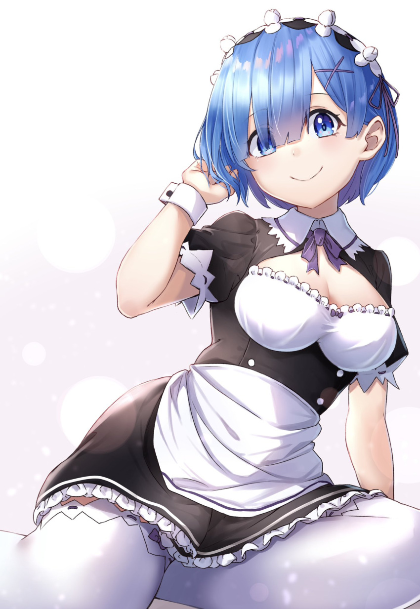 blue_eyes blue_hair breasts eyes_visible_through_hair female frilled_sleeves frills hair_ornament hair_ribbon hand_in_own_hair highres looking_at_viewer m.tokotsu maid maid_headdress purple_ribbon re:zero_kara_hajimeru_isekai_seikatsu rem_(re:zero) ribbon ribbon-trimmed_clothes ribbon_trim roswaal_mansion_maid_uniform short_hair simple_background smile solo white_background x_hair_ornament