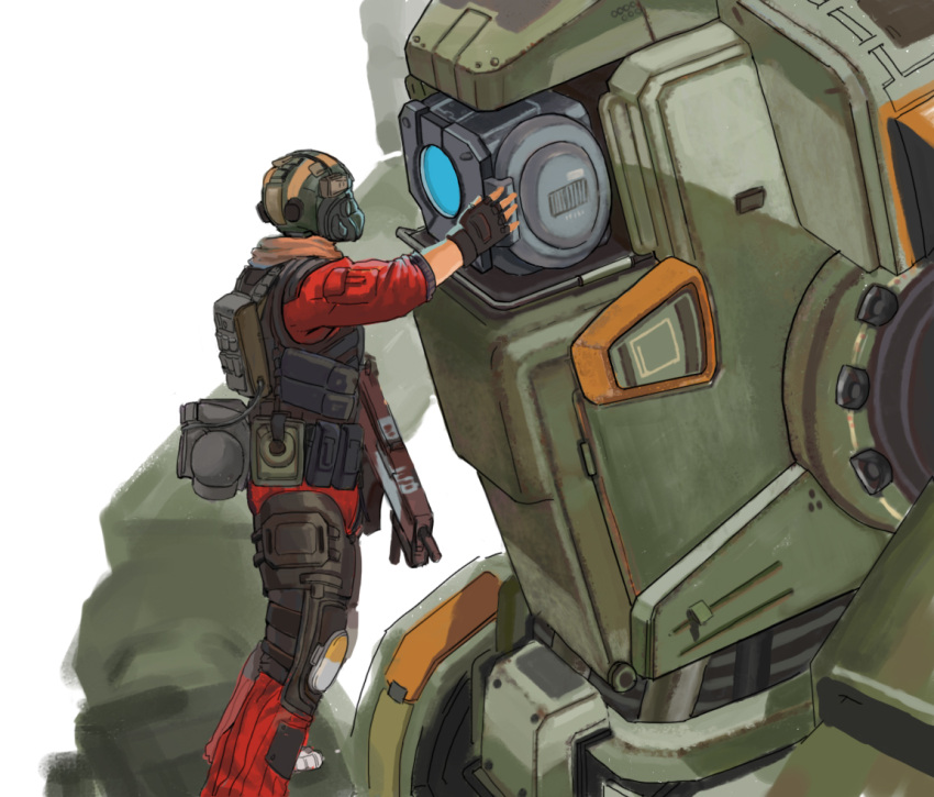 1boy aliendog animification bad_id bad_pixiv_id black_gloves blue_eyes bt-7274 commentary english_commentary fingerless_gloves gloves gun helmet holding holding_gun holding_person holding_weapon jack_cooper knee_pads looking_down male_focus mecha military military_vehicle one-eyed robot science_fiction titan_(titanfall) titanfall_(series) titanfall_2 weapon white_background