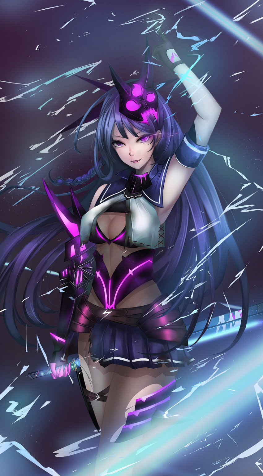 :d absurdres arm_up armpits asymmetrical_gloves black_gloves blue_skirt braid breasts cleavage commentary electricity female gloves glowing glowing_eye glowing_weapon highres holding holding_sword holding_weapon honkai_(series) honkai_impact_3rd index_finger_raised leggings long_hair looking_at_viewer mask mismatched_gloves open_mouth purple_eyes purple_hair raiden_mei raiden_mei_(lightning_empress) skirt smile solo sword tgdzl torn_clothes torn_legwear torn_skirt weapon