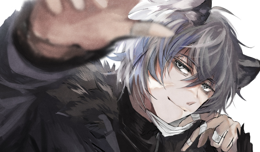 1boy animal_ears arknights bags_under_eyes bandaid bandaid_on_hand bear_boy bear_ears bishounen blurry blurry_foreground fur_collar grey_hair highres jacket jaye_(arknights) looking_at_viewer male_focus mask oonohara_kenya reaching reaching_towards_viewer short_hair smile solo unworn_mask