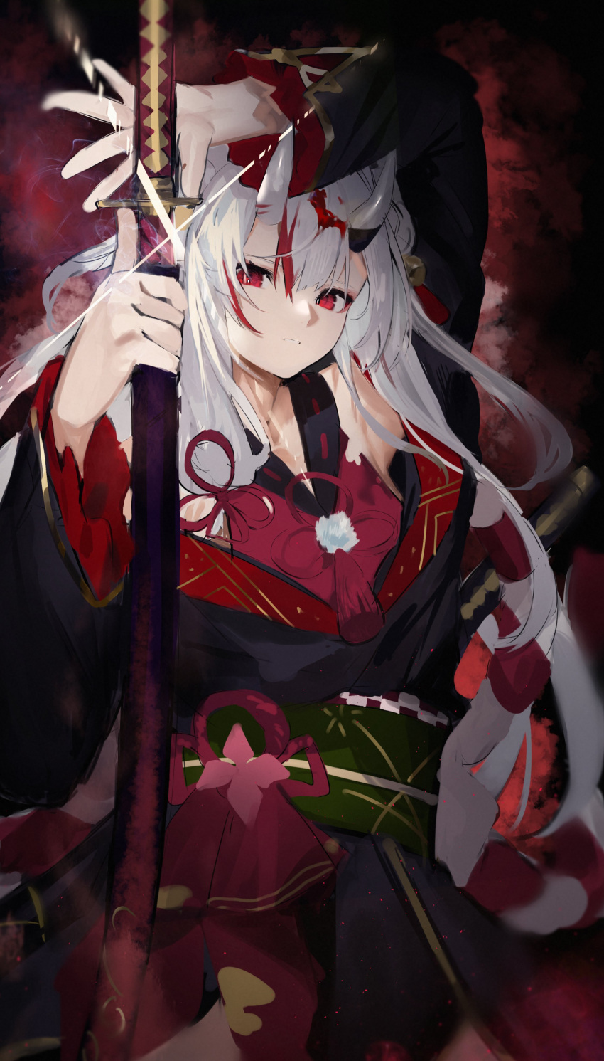 absurdres arm_up bell cowboy_shot female glint grey_hair hair_bell hair_between_eyes hair_ornament hair_ribbon hand_up highres hololive hololive_alternative horns japanese_clothes long_hair long_sleeves multicolored_hair nakiri_ayame nakiri_ayame_(1st_costume) obi oni parted_lips red_eyes red_hair ribbon sash serious sheath skin-covered_horns solo standing streaked_hair sword unsheathing virtual_youtuber weapon wide_sleeves yakihoko