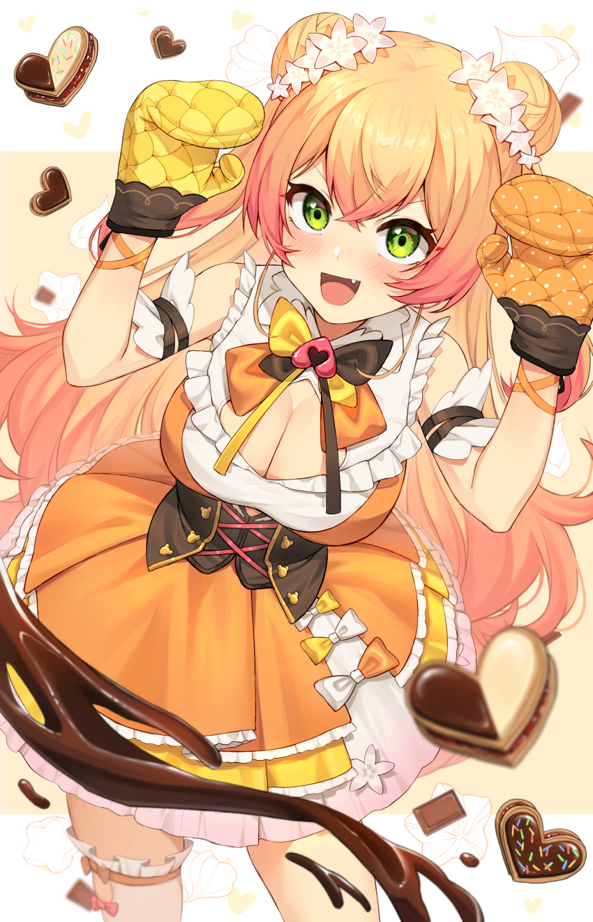 absurdres blonde_hair bow bowtie breasts brown_bow brown_bowtie candy chocolate cleavage cleavage_cutout clothing_cutout corset double_bun dress female flower food frilled_shirt frills green_eyes hair_bun hair_flower hair_ornament heart heart-shaped_chocolate highres hololive large_breasts long_hair momosuzu_nene momosuzu_nene_(1st_costume) multicolored_bow multicolored_bowtie oerba_yun_fang orange_bow orange_bowtie orange_shirt orange_skirt oven_mitts reiji-rj shirt skirt solo two_side_up underbust valentine virtual_youtuber yellow_bow yellow_bowtie