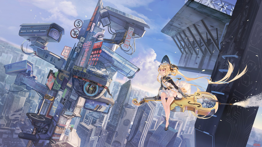 atdan bangs black_footwear blonde_hair blue_sky cello cityscape cloud dress female flying gauntlets hair_ornament hat highres instrument long_hair red_eyes scenery sitting sky solo synthesizer_v twintails very_long_hair witch_hat