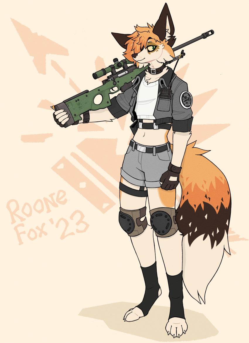 absurd_res anthro awp bottomwear canid canine clothed clothing digitigrade fingerless_gloves footwear fox gloves gun handwear hi_res jacket knee_pads male mammal navel ranged_weapon rifle roonefox shorts simple_background sniper_rifle socks solo standing toeless_footwear toeless_socks topwear weapon white_background yellow_sclera