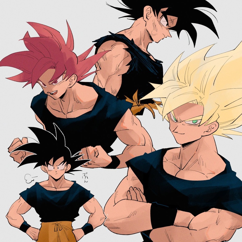 1boy annoyed arms_at_sides backlighting black_eyes black_hair black_outline black_shirt black_wristband blonde_hair clenched_hands closed_mouth commentary_request cropped_torso crossed_arms dirty dirty_face dragon_ball dragon_ball_super dragon_ball_z drawstring fighting_stance fingernails from_side frown green_eyes grey_background grin hands_on_own_hips head_down highres kz_(dbz_kz) looking_afar looking_at_viewer looking_away male_focus multiple_views muscular muscular_male outline pants parted_bangs parted_lips pectorals profile puff_of_air red_eyes red_hair scratches serious shade shirt shirt_tucked_in short_sleeves sigh simple_background smile smirk son_goku spiked_hair super_saiyan super_saiyan_1 super_saiyan_god sweatpants teeth torn_clothes torn_pants torn_shirt upper_body upper_teeth_only v-shaped_eyebrows wristband