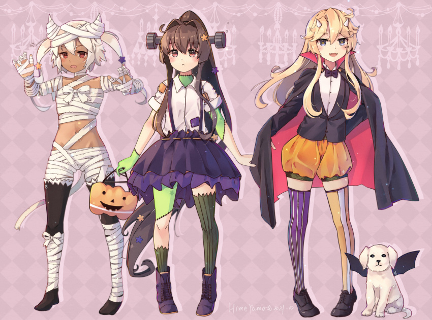 3girls animal argyle_background basket black_bow black_bowtie black_footwear black_skirt blonde_hair blue_eyes boots bow bowtie brown_eyes brown_hair buttons canine cape closed_mouth commentary cross-laced_footwear dark-skinned_female dark_skin flower full_body hair_between_eyes hair_flower hair_ornament halloween halloween_costume highres himeyamato horns iowa_(kancolle) kantai_collection lace-up_boots long_hair long_sleeves looking_at_viewer multiple_girls mummy mummy_costume musashi_(kancolle) open_mouth orange_shorts patchwork_clothes patchwork_skin pink_flower pointy_hair ponytail purple_footwear red_eyes shirt shoes short_sleeves shorts skirt striped_clothes striped_thighhighs thighhighs two_side_up vampire vampire_costume vertical-striped_clothes vertical-striped_thighhighs victory_(dog) white_shirt yamato_(kancolle)