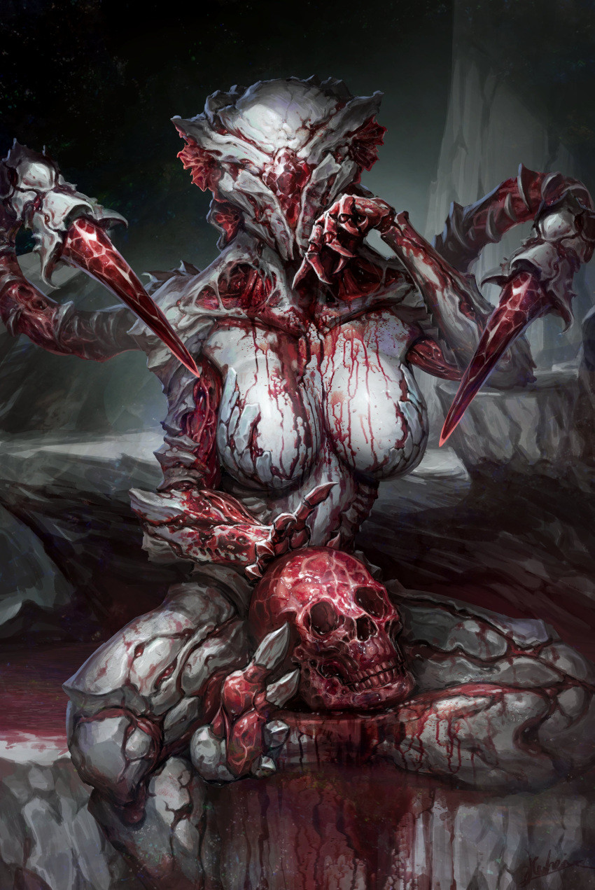 absurdres blood blood_on_breasts blood_on_face blood_on_hands blood_on_leg blood_on_skeleton breasts claws collarbone colored_skin commentary_request crystal facing_viewer female highres medium_breasts monster nekoemonn original sitting skull solo white_skin wiping_face