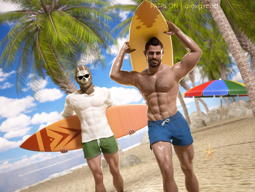 2boys 2humans 3d 3d_model abs activision alexgscod beach blue_eyes bromance brown_hair call_of_duty call_of_duty_modern_warfare_2_(2022) day daytime friends friendship ghost_(modern_warfare_2) hairy_male handsome hunk island john_mactavish male male_focus male_only masculine masked masked_male muscular muscular_male ocean palm_trees paradise peaceful pecs sand simon_riley soap_(modern_warfare_2) stud summer sunglasses surfboard vacation wholesome