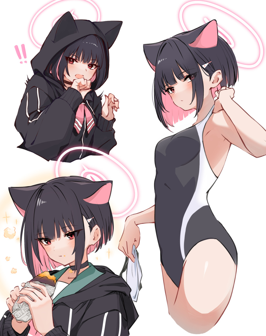 ! !! absurdres animal_ears animal_hood armpits black_choker black_hair black_jacket black_one-piece_swimsuit blue_archive blunt_bangs blush bob_cut breasts cat_ears cat_hood choker cleavage collarbone colored_inner_hair commentary competition_school_swimsuit cowboy_shot cropped_legs double_vertical_stripe eating exiadoon extra_ears female food from_side goggles green_sailor_collar hair_behind_ear hair_ornament hairclip halo hand_up hands_up highres holding holding_food hood hood_down hooded_jacket jacket kazusa_(blue_archive) long_sleeves looking_at_viewer medium_breasts multicolored_hair multiple_views neckerchief official_alternate_costume one-piece_swimsuit pendant_choker pink_hair pink_halo pink_neckerchief red_eyes sailor_collar school_swimsuit school_uniform serafuku short_hair simple_background single_sidelock spoken_exclamation_mark standing straight_hair swim_cap swimsuit thighs track_jacket trinity_general_school_swimsuit twitching two-tone_hair unworn_goggles unworn_swim_cap upper_body white_background white_headwear