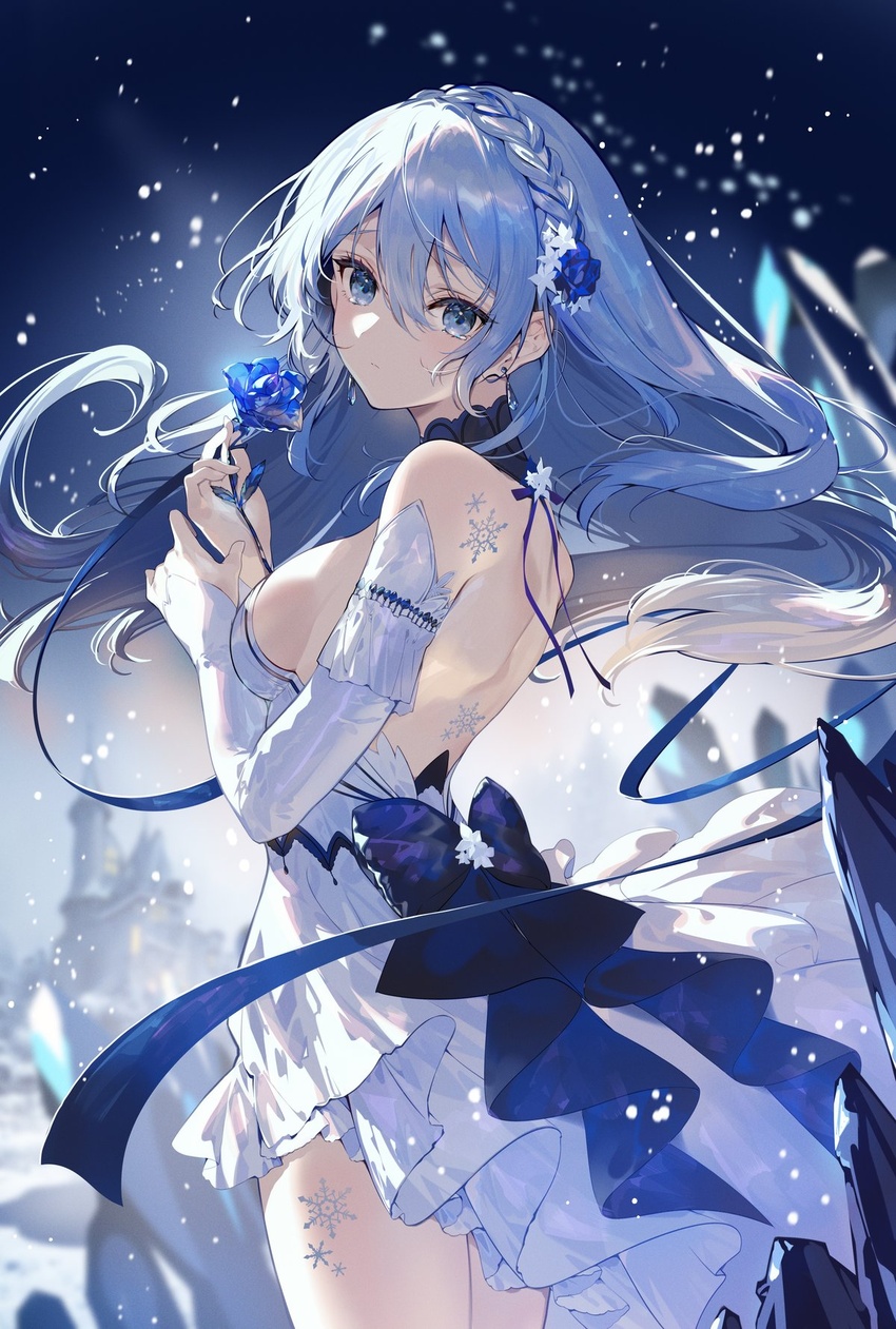 back backless_dress backless_outfit bare_back bare_shoulders blue_eyes blue_flower blue_hair blue_rose bow breasts closed_mouth dress female flower frilled_dress frills gloves hair_between_eyes hair_ornament highres holding long_hair long_sleeves looking_at_viewer looking_to_the_side medium_breasts necomi original outdoors ribbon rose sideboob snow snowflake_print snowflakes snowing solo standing thighs white_dress winter