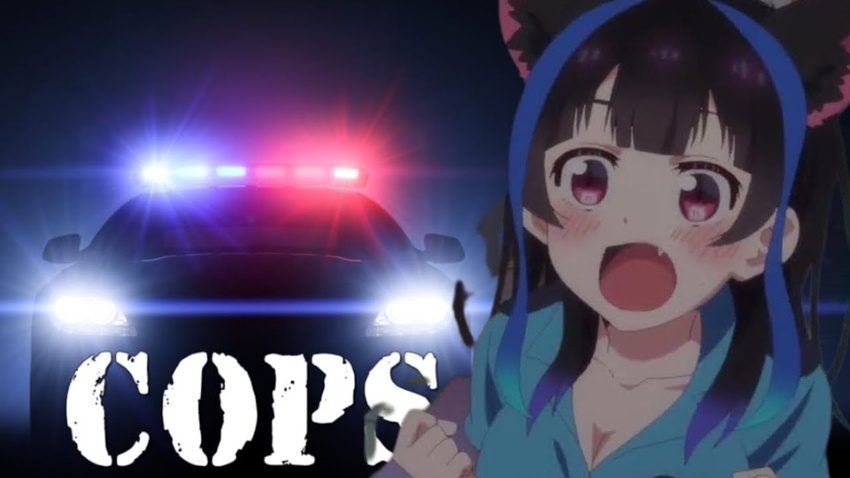 anime_screenshot blue_hairband blue_ribbon blue_shirt blush breasts car cleavage commentary cops_(tv_series) english_commentary english_text female glowing hairband kanojo_okarishimasu logo motor_vehicle non-web_source oerba_yun_fang open_mouth police_car ribbon self-upload shirt solo third-party_edit upper_body yaemori_mini