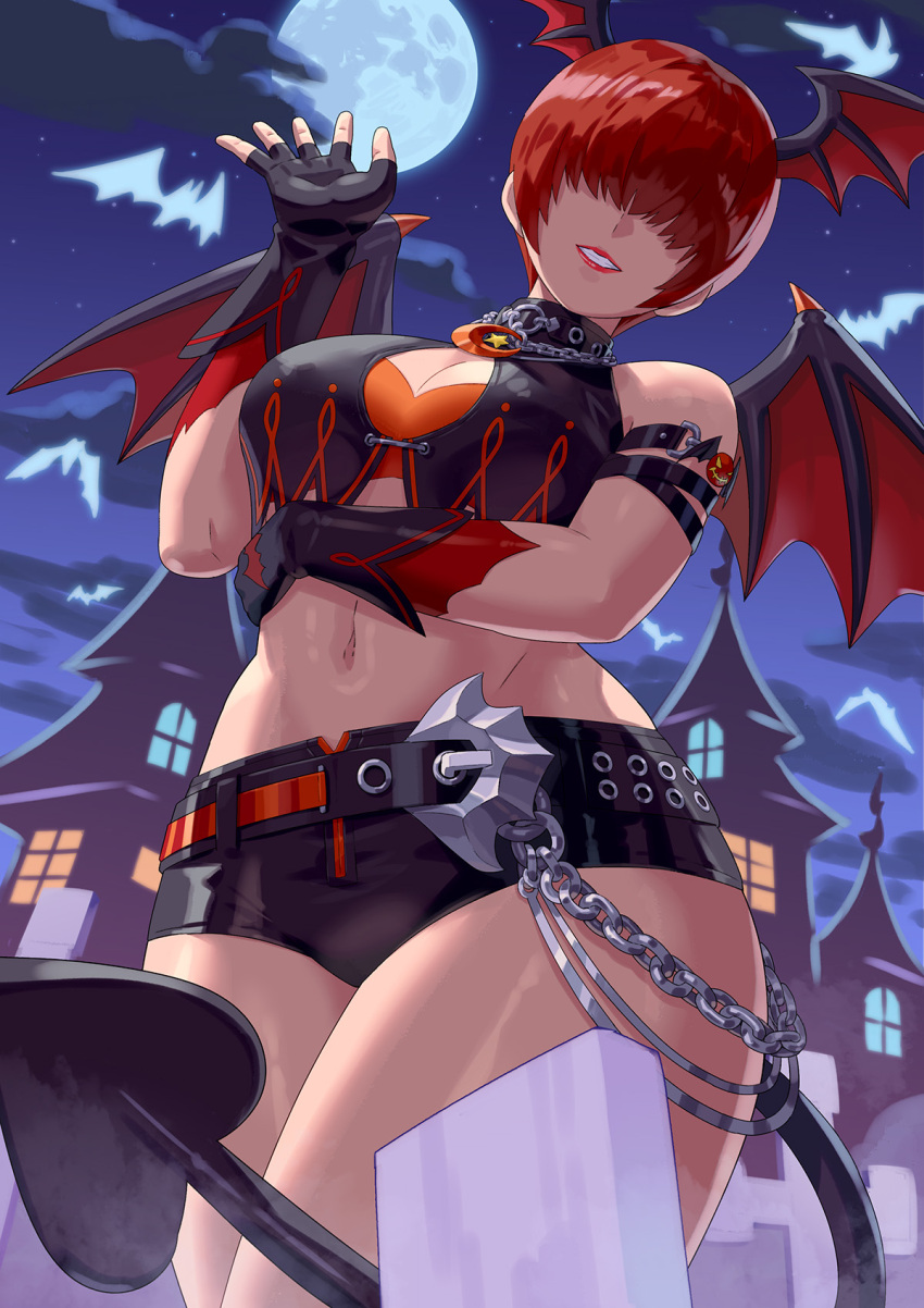 breasts cleavage commentary covered_eyes demon_girl demon_tail demon_wings female hair_over_eyes halloween head_wings highres large_breasts lips lipstick long_hair looking_at_viewer makeup md5_mismatch midriff mini_wings official_alternate_costume ponytail red_hair shermie_(kof) short_shorts shorts smile snk solo split_ponytail tail the_king_of_fighters the_king_of_fighters_all-stars thighs wings yagi2013