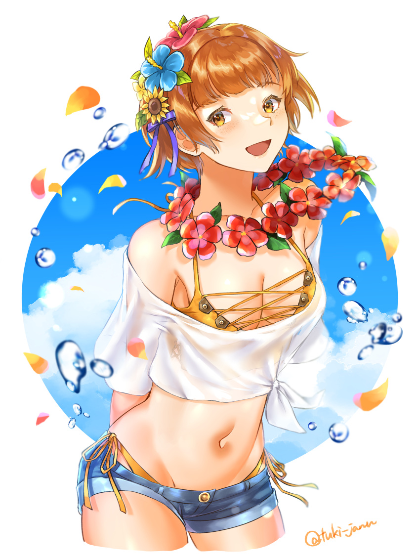 :d absurdres alternate_costume bikini breasts brown_eyes brown_hair cleavage cloud denim denim_shorts dorothy_(fire_emblem) female fire_emblem fire_emblem:_the_binding_blade flower hair_flower hair_ornament highres looking_at_viewer medium_breasts off-shoulder_shirt off_shoulder open_mouth shirt short_hair shorts side-tie_bikini_bottom smile swimsuit tsukimura_(d24f4z8j3t) yellow_bikini