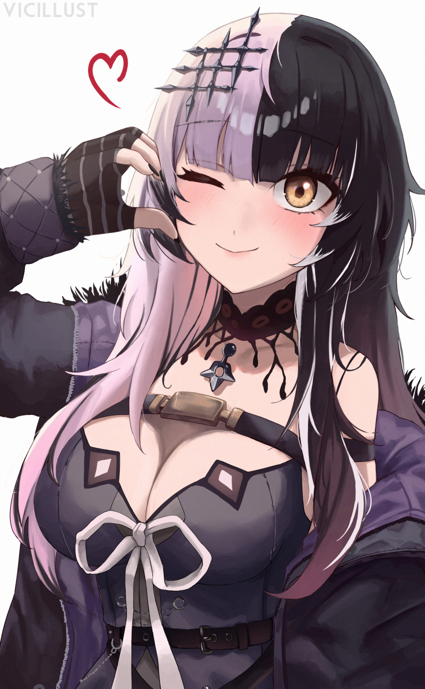 ;) absurdres arm_strap artist_name belt black_belt black_choker black_coat black_dress black_hair black_nails blush breasts chest_belt choker cleavage closed_mouth coat commentary dress female fingernails fur-trimmed_coat fur_trim grey_hair hair_ornament half-heart_hands hand_up heart highres hololive hololive_english lace lace_choker large_breasts long_fingernails long_hair long_sleeves looking_at_viewer multicolored_hair nail_polish off_shoulder one_eye_closed open_clothes open_coat shiori_novella shiori_novella_(1st_costume) simple_background smile solo split-color_hair striped_arm_warmers symbol-only_commentary two-tone_hair upper_body vicarious virtual_youtuber white_background yellow_eyes